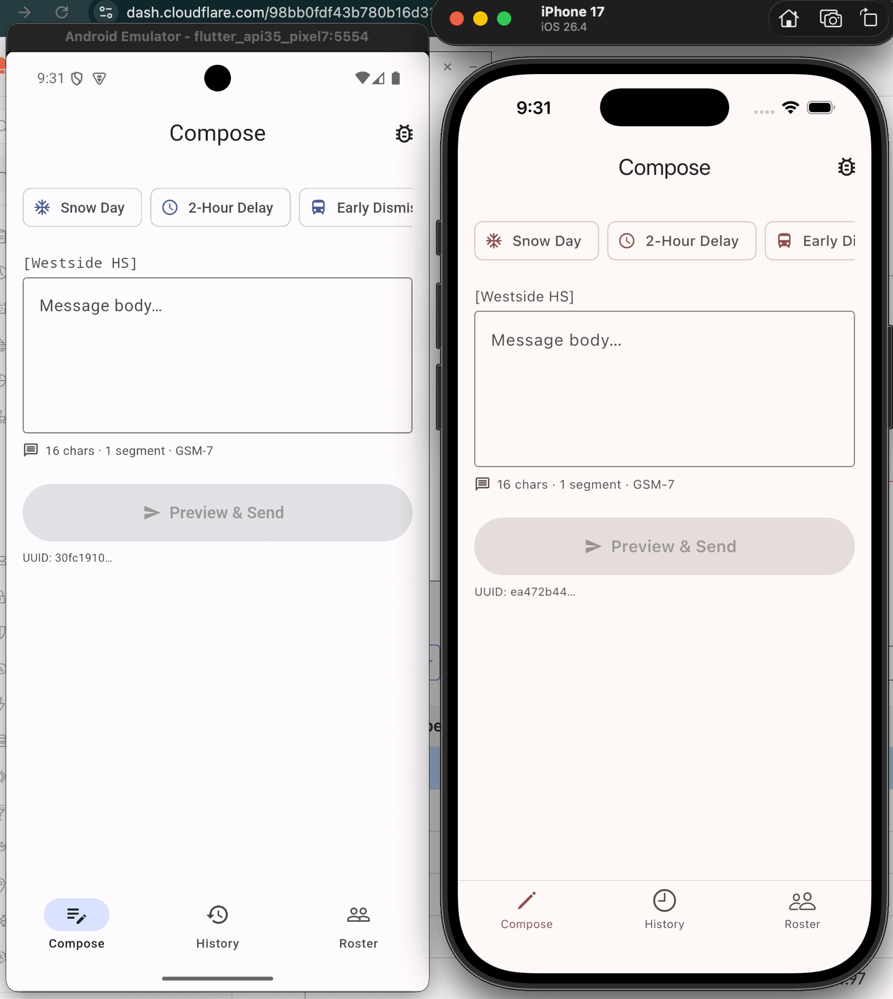Compose screen with template chips on Android emulator and iPhone simulator side by side