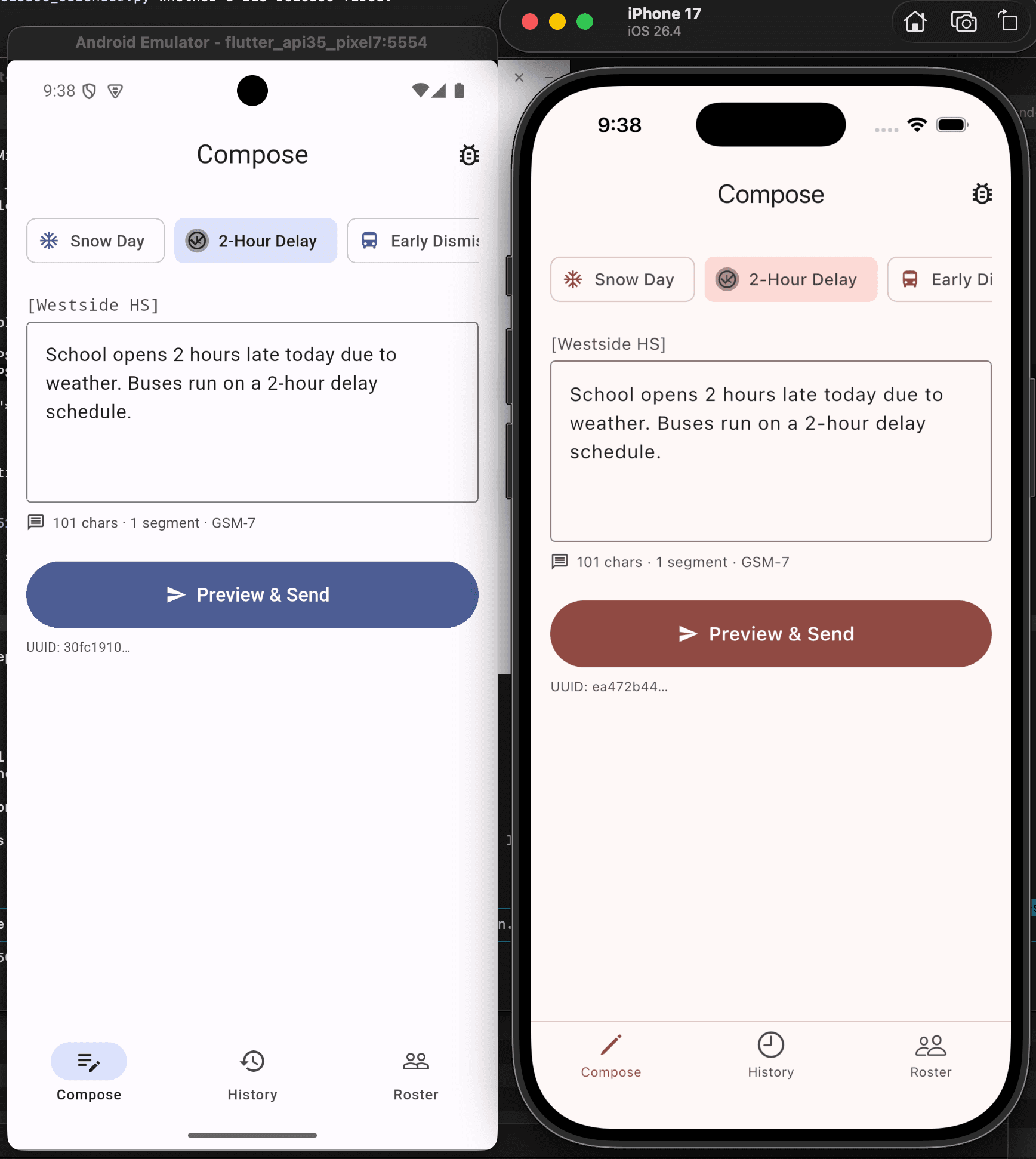 The Trumbull HS Alert app running on Android emulator and iPhone 17 simulator side by side, with the 2-Hour Delay template selected