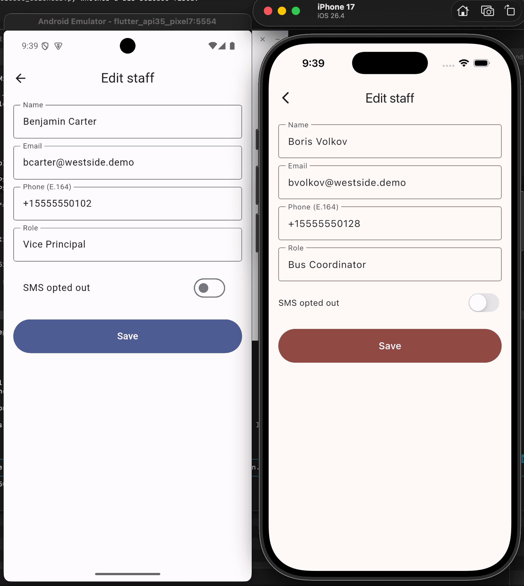 Edit staff form with name, email, phone, role, and an SMS opt-out toggle
