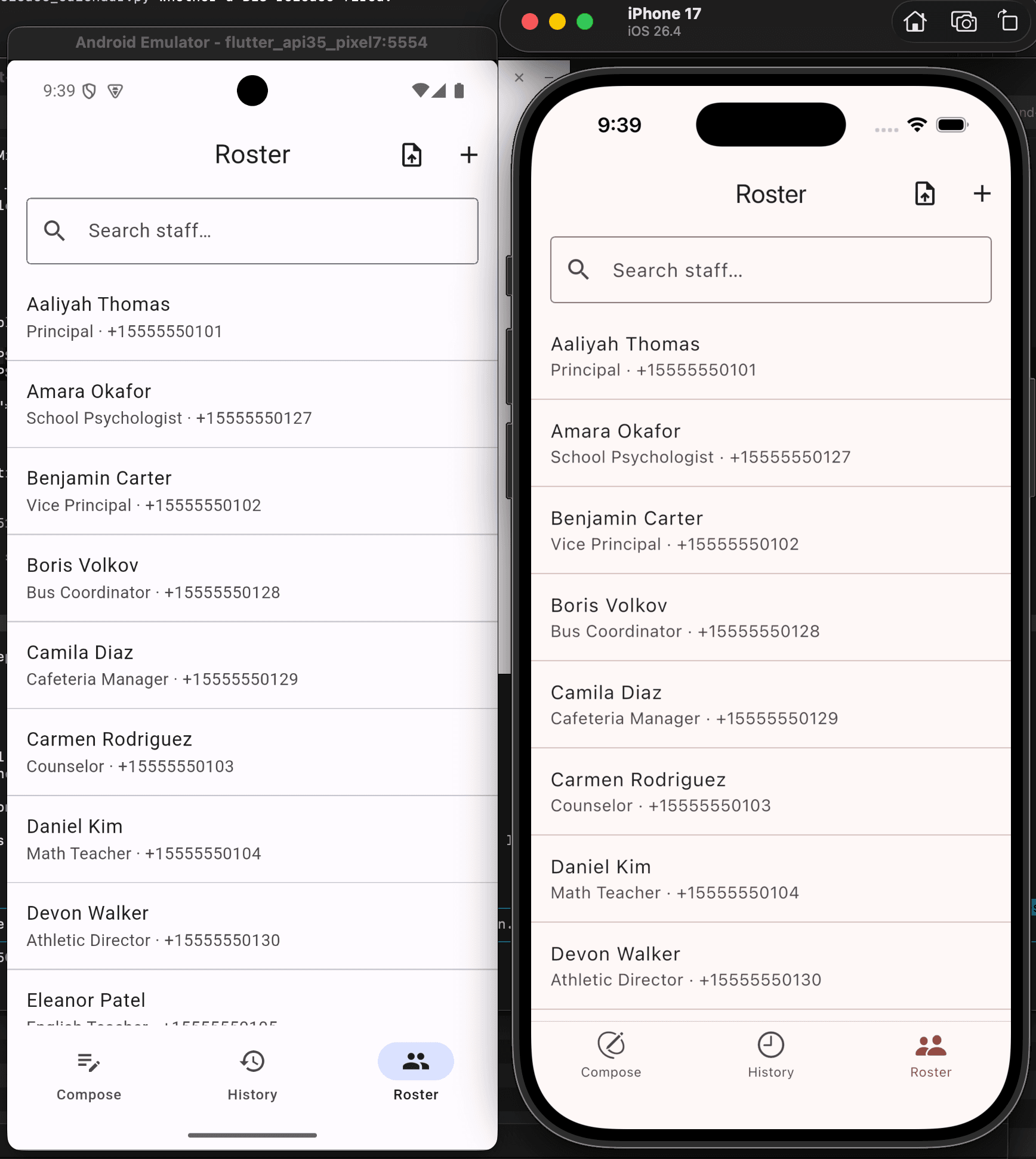 Roster screen showing a searchable list of staff with names, roles, and phone numbers